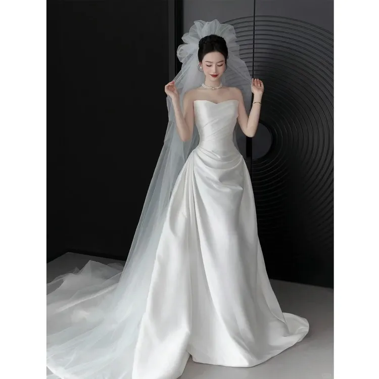 鱼尾轻婚纱礼服连衣裙裙小个子复古订婚出门纱抹胸法式轻晨袍女