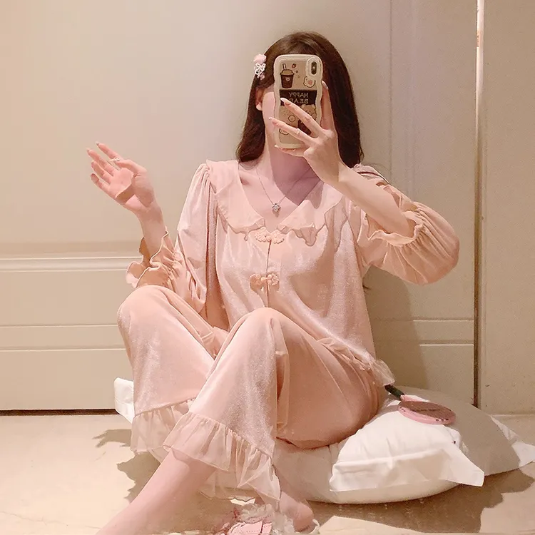 金丝绒睡衣女春秋季中国风时尚小个子娃娃领秋冬款薄绒家居服套装
