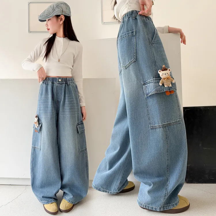 女童洋气牛仔裤6-14岁儿童春季百搭神裤女孩休闲宽松拖地阔腿长裤