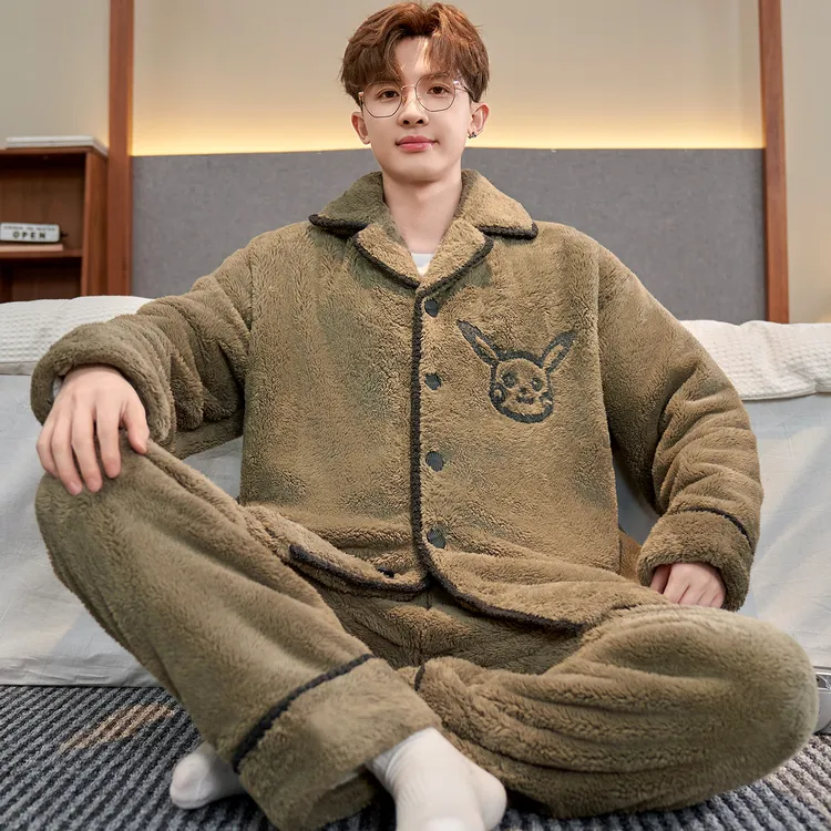 睡衣男款冬季加绒加厚珊瑚绒男士大码法兰绒可外穿冬天家居服套装
