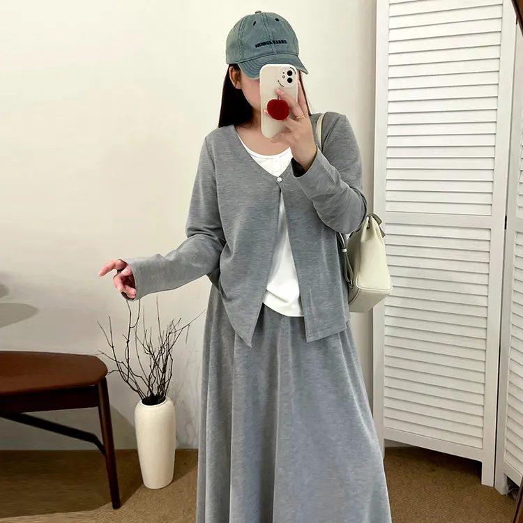 大码女装假两件上衣女半裙两件套2025秋款胖mm宽松休闲套装NT1133