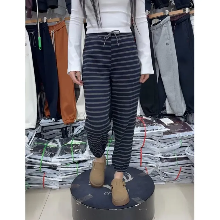小个子天菜！条纹加绒束脚裤 2025 秋冬高腰显瘦保暖九分哈伦裤