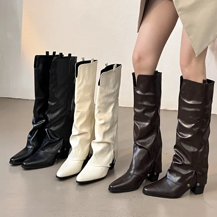 酷飒烟管靴不累脚粗跟长筒靴骑士高跟沙丘废土风甜辣千金风长靴