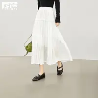 对白高腰花边拼接a字半身裙女2025秋季新款肌理感长款白色蛋糕裙