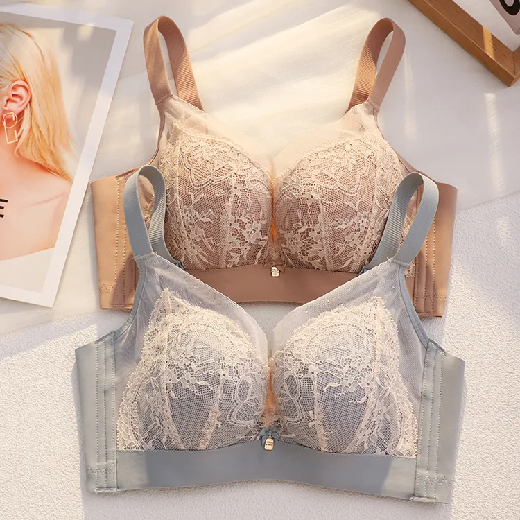 性感蕾丝内衣女大胸显小薄款收副乳防下垂调整型软钢圈上托文胸罩