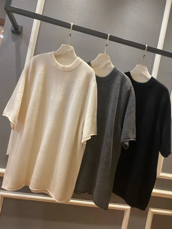 欧都梦·早春新品 柜款重磅山羊绒自然卷边短袖套衫 K01
