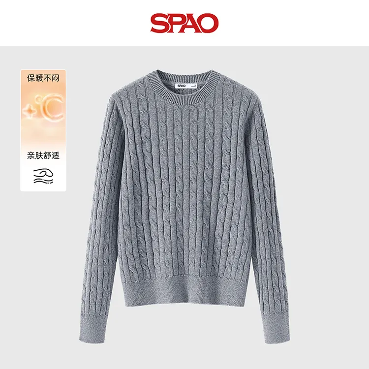 SPAO韩国同款针织秋季打底衫百搭高级修身设计感圆领绞花毛衣YC