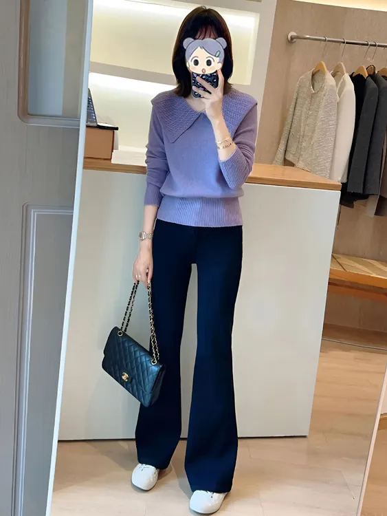 韩版紫色大翻领针织衫2025秋冬新款显瘦减龄气质通勤休闲极简穿搭