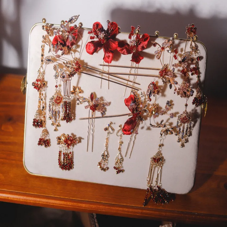 GH066 喜看新款“红韵簪绒”红金色绒花中式新娘饰品➕盒➕链