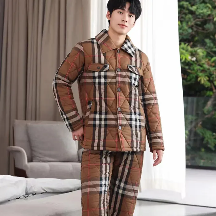 多拉美 冬季男士梭织格子加厚加绒夹棉睡衣家居服套装