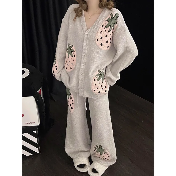 韩系甜美清新草莓半边绒睡衣女冬季针织长袖长裤可外穿家居服套装