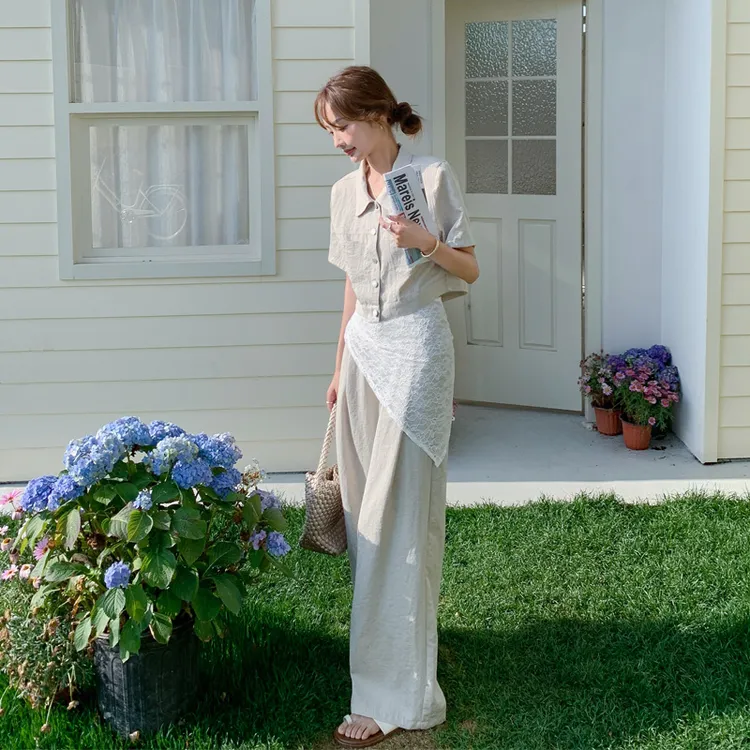松弛感穿搭衬衫阔腿裤套装2025女夏新款韩系ins风显瘦百搭两件套