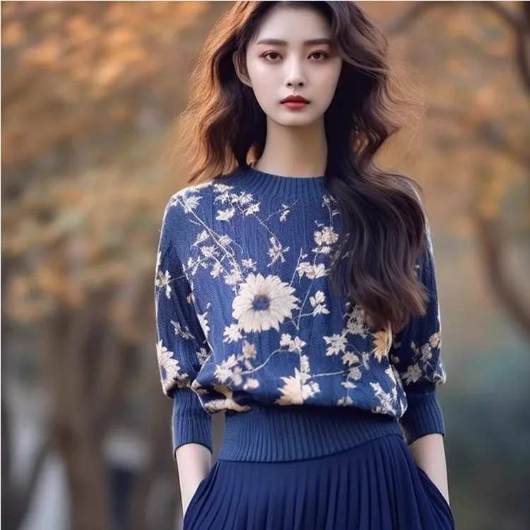 小个子复古印花半高领上衣2025秋冬韩版显瘦高腰短款长袖针织衫潮