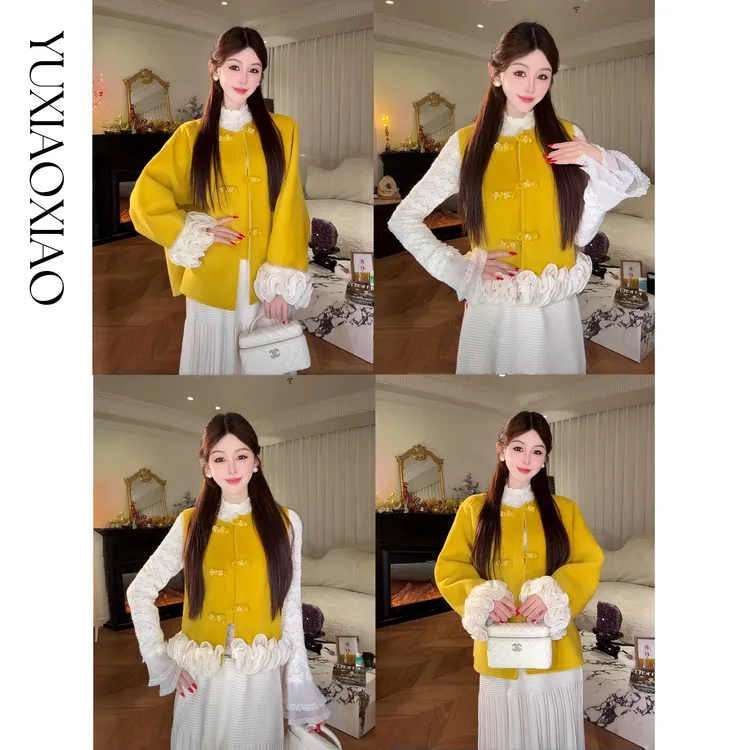 余潇潇【黄玫瑰与白玫瑰】中式盘扣羊毛羊驼兔绒拼接水貂马甲&外套
