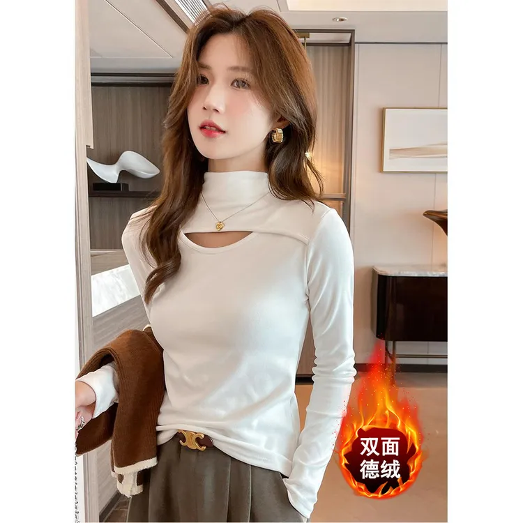 加绒半高领黑色打底衫女2025新款秋冬修身内搭镂空德绒磨毛上衣潮