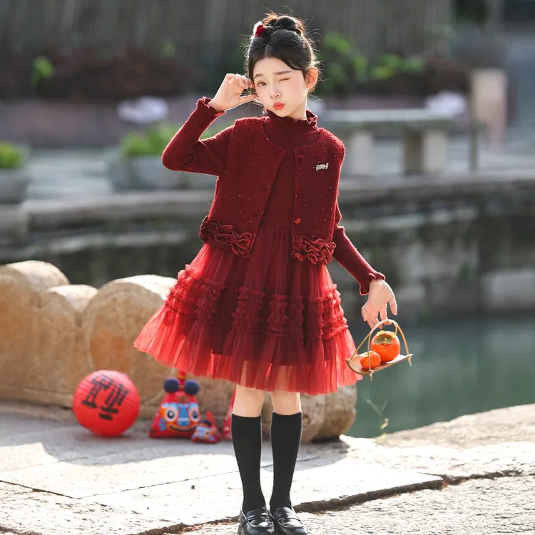 女童秋冬款红色拜年服连衣裙套装中大童小女孩新年裙子冬装公主裙