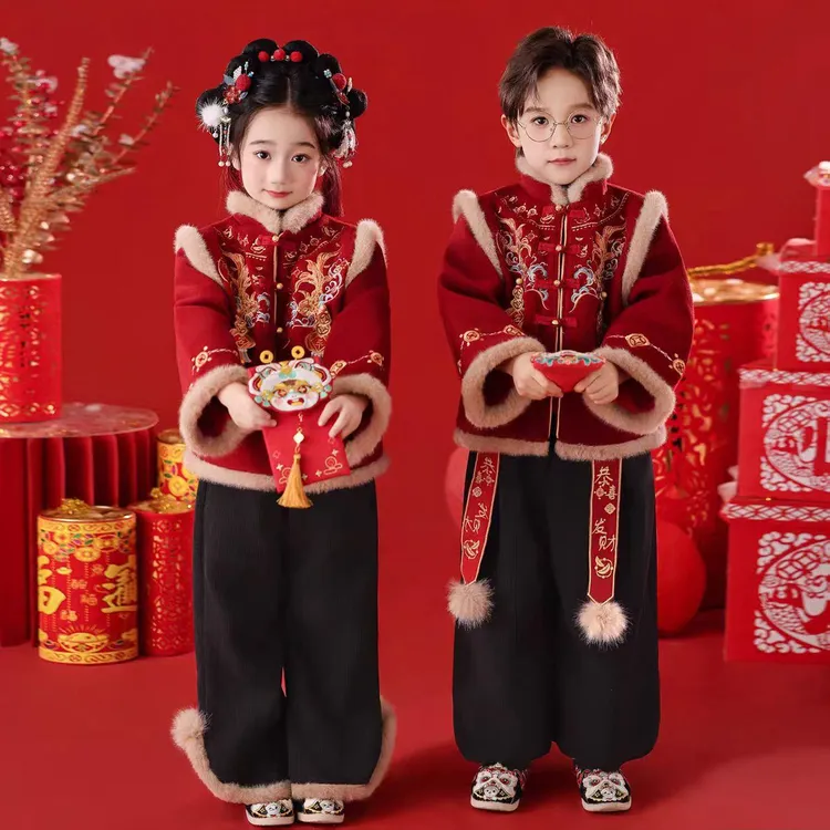 新款男女童汉服冬季儿童拜年服加厚套装锦鲤红色喜庆过年服兄妹装