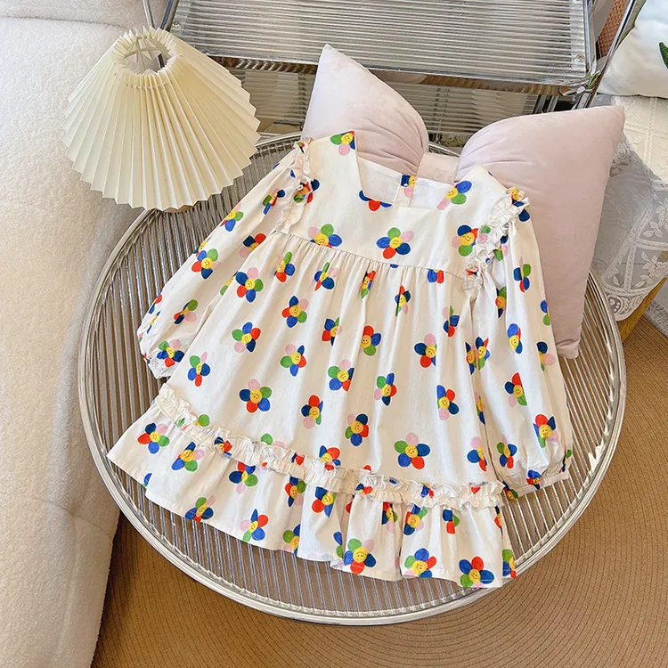 女童太阳花连衣裙春夏新款儿童方领棉布裙宝宝泡泡袖公主裙甜