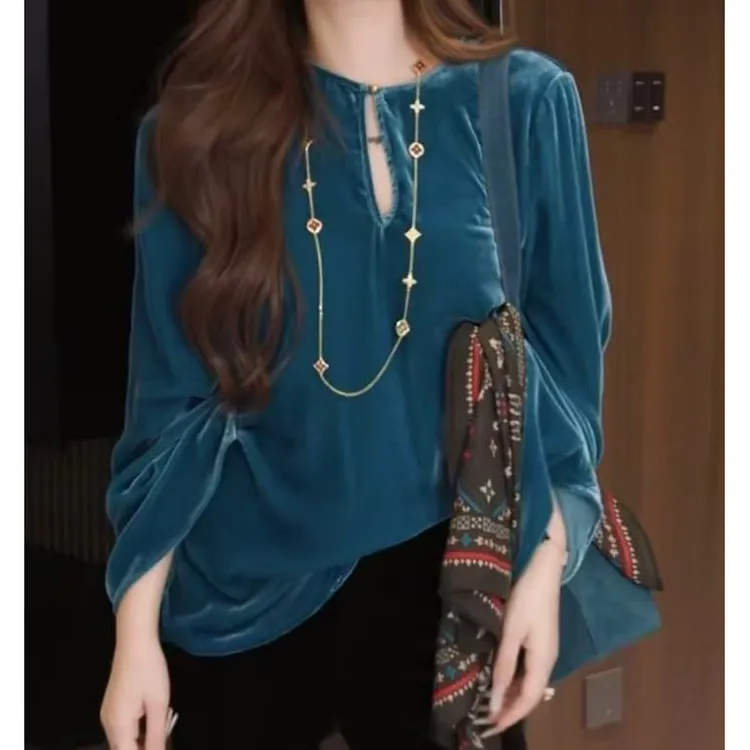 早秋款丝绒长袖上衣2025定制网红洋气炸街女装新中式轻奢日韩服装