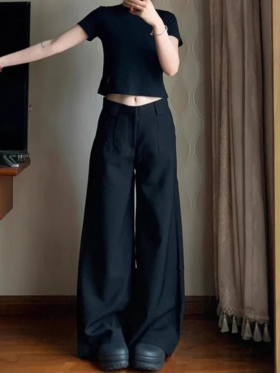 高腰垂感黑色直筒西装裤女夏季新款美式复古宽松显瘦休闲阔腿裤子