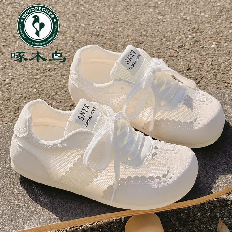 啄木鸟网面小白鞋女2025新款透气网鞋女配裙子德训鞋平底休闲板鞋