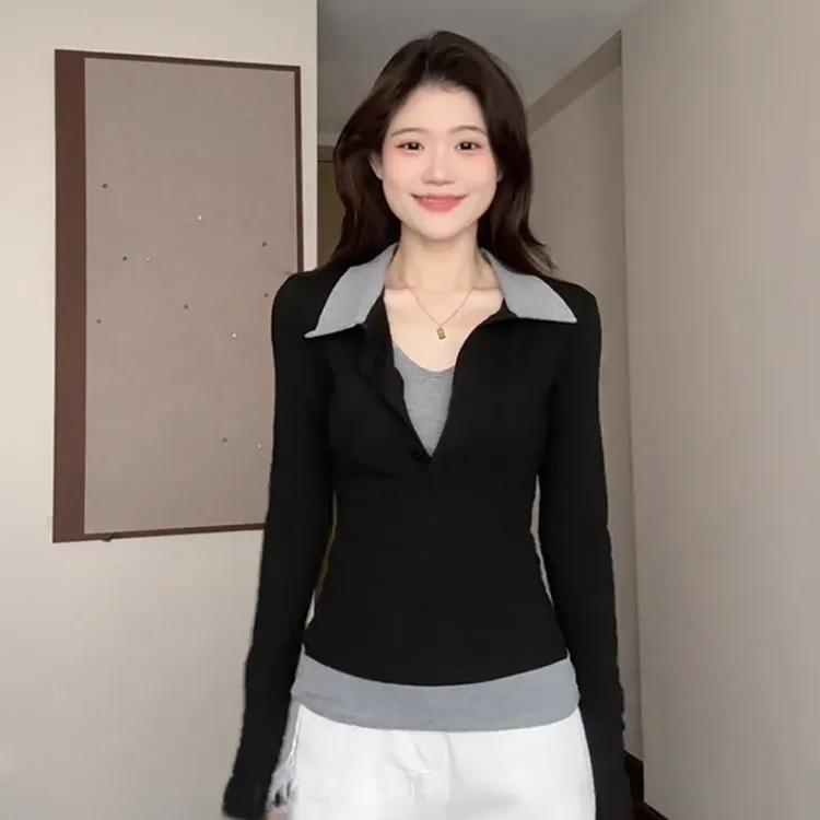 大码微胖MM正肩POLO长袖撞色T恤拼接春季新款修身显瘦运动打底衫