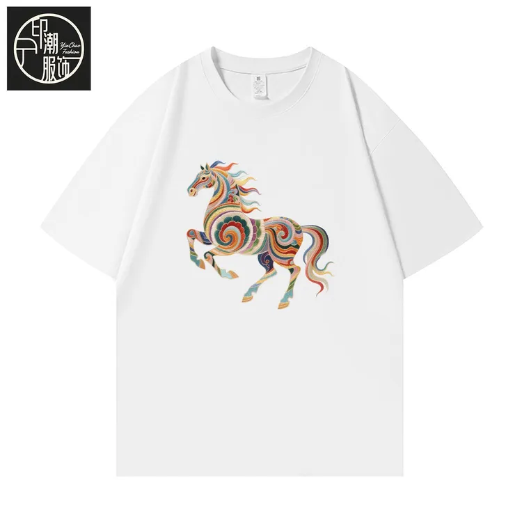 仿刺绣马图案印花短袖时尚个性潮牌T恤宽松大码纯棉半袖男女同款