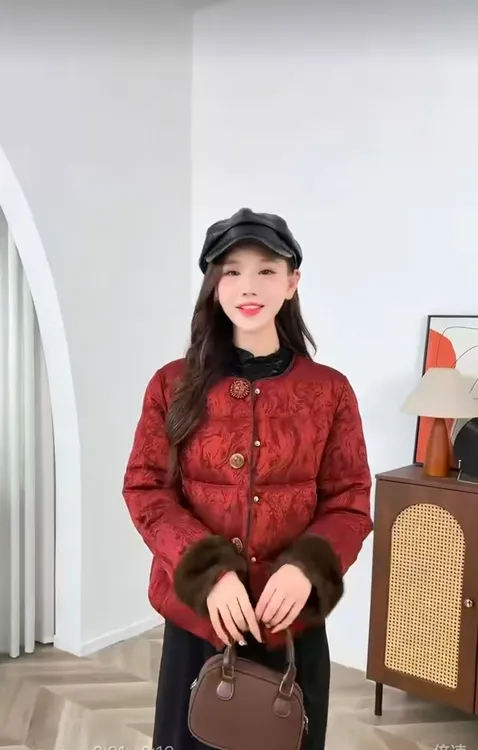 8819#时尚气质新中式国风复古印花秋冬短款棉服