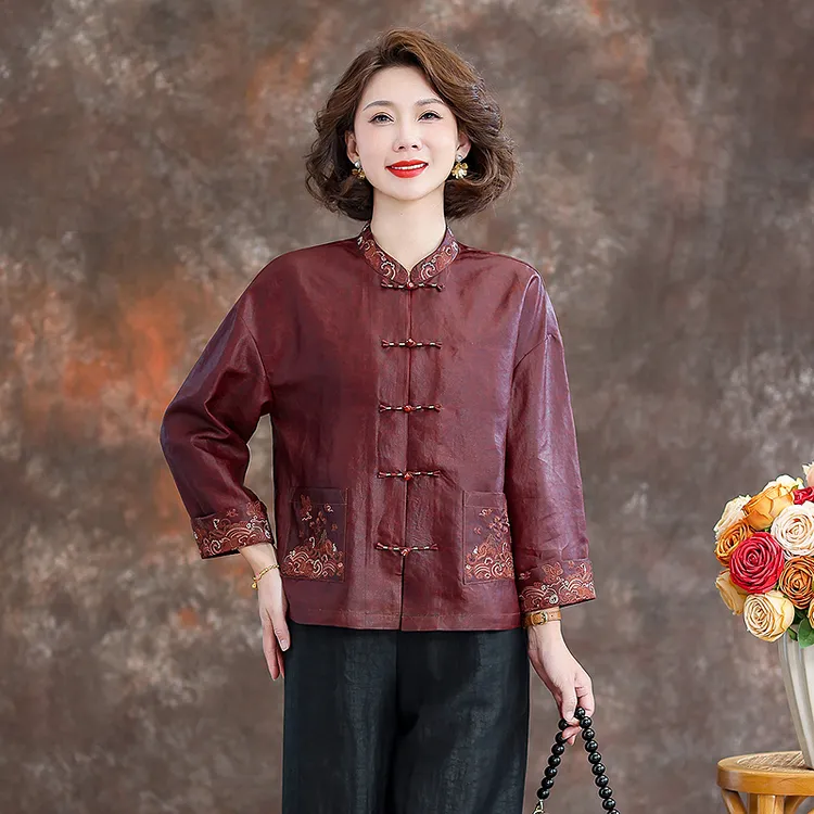 齐黛【云纱妃韵】红云纱上衣女新中式刺绣长袖复古真丝衬衫外套