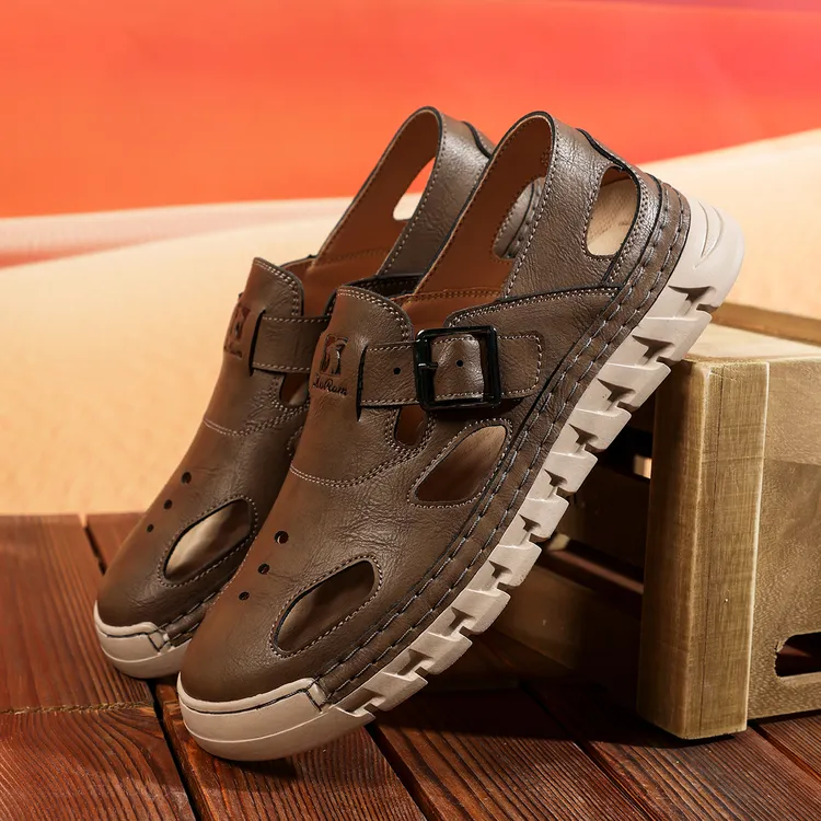 西部公羊夏季爆款男士沙滩鞋真牛皮软底手工缝制镂空透气外穿凉鞋