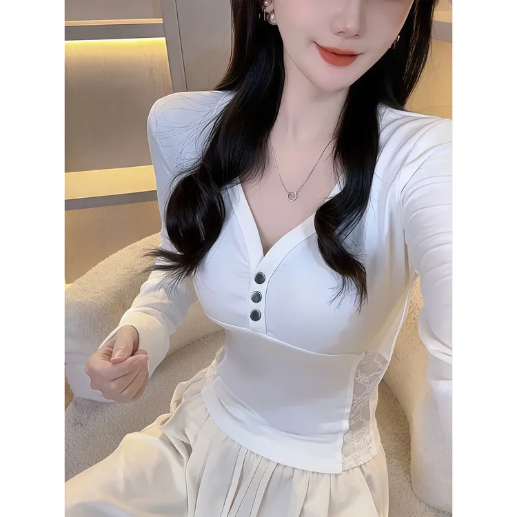 纯欲风辣妹蕾丝拼接V领长袖T恤上衣女秋季新款气质修身显瘦打底衫