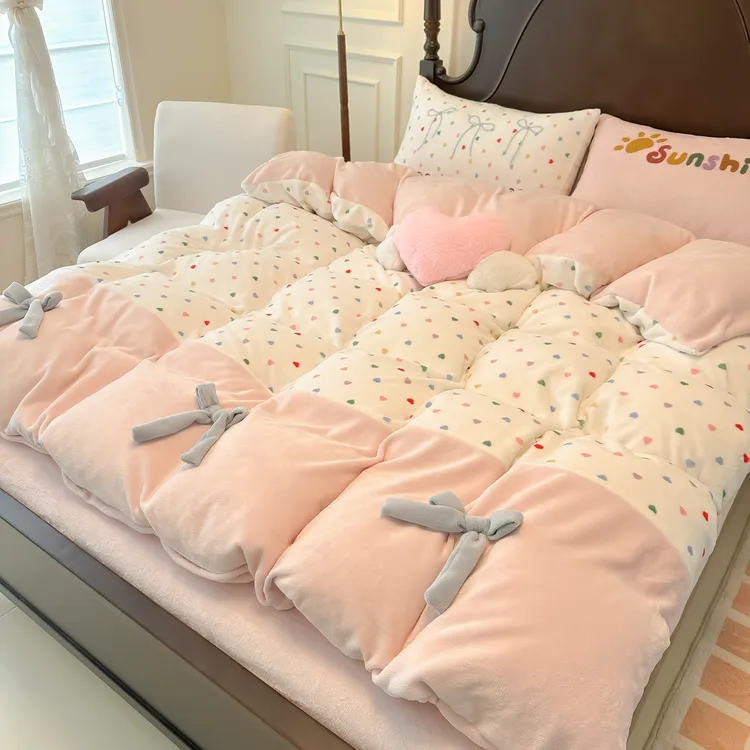 加厚牛奶绒入冬四件套立体蝴蝶结被套加厚保暖床单笠公主风三件套