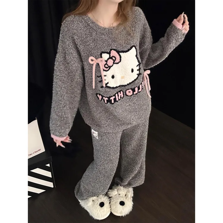 可爱卡通kitty珊瑚绒睡衣女款秋冬加厚保暖可外穿宽松家居服套装