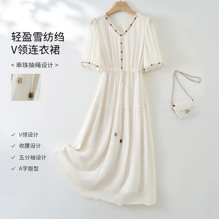IHIMI/海谧2025夏季新款女装简约气质V领织带抽绳收腰显瘦连衣裙