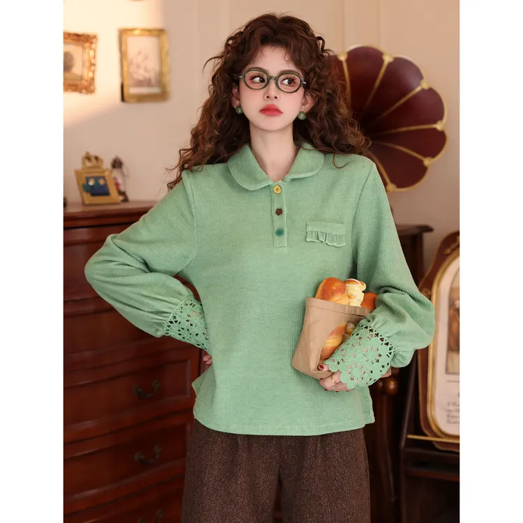 陈大器【荷风送爽】港风复古POLO拼接百搭秋冬T恤打底上衣JB3328380