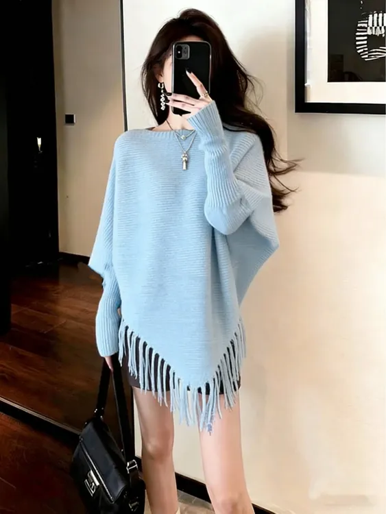 Z316设计感女不规则宽松蓝色流苏冬季毛衣慵懒风针织上衣秋冬新款
