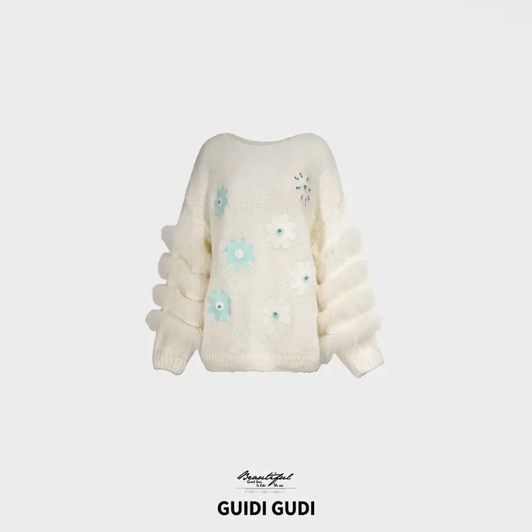 GUIDI GUDI【花儿与少年】休闲长袖套头毛衣/黄加蓝
