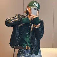 张小萱-欧货秋装新款格里撞色翻领皮衣夹克外套