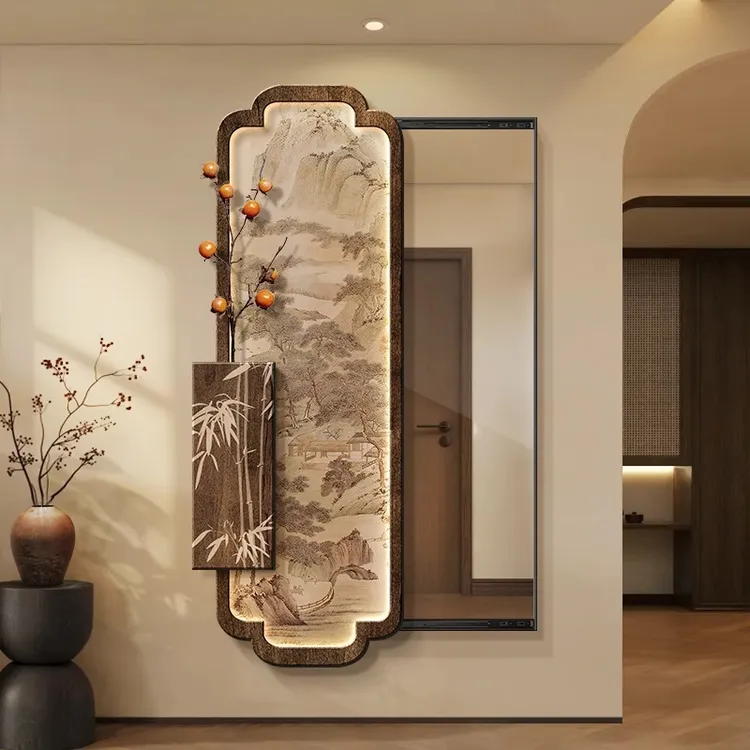宋代美学新中式装饰画隐藏式全身镜隐形推拉镜玄关画暗藏式穿衣镜