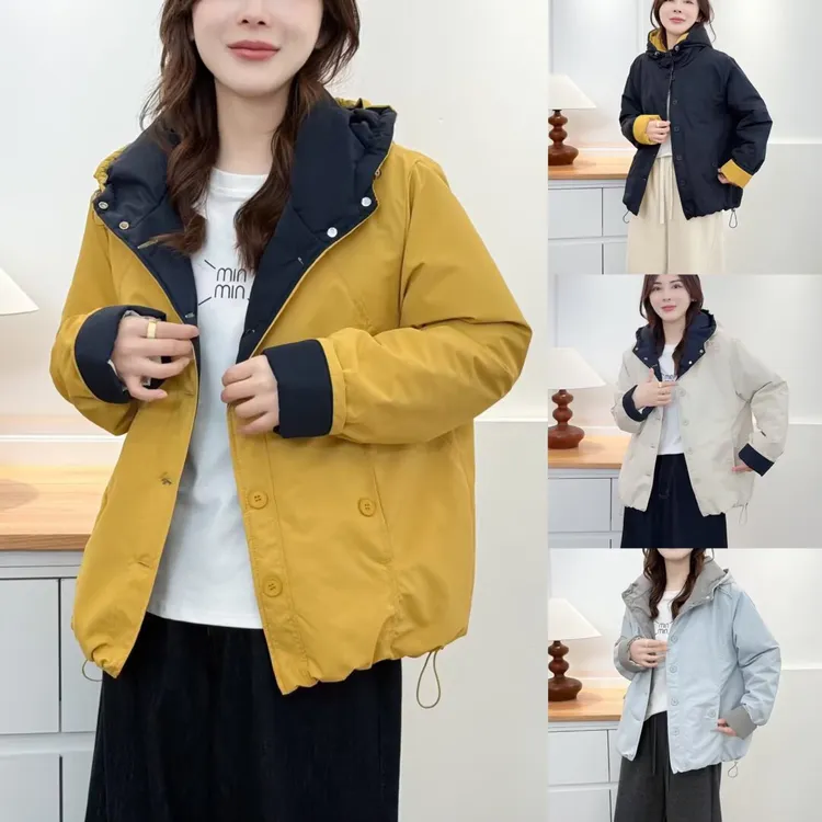 大码冬季女款连帽加厚拼色宽松韩版时尚短款潮流棉衣外套棉服百