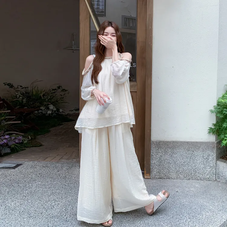 纯欲系气质法式露肩上衣阔腿裙裤2025夏季新款复古波西米亚风套装