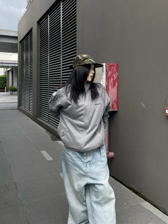 美式复古学院中性风宽松运动拼接三条杠立领夹克休闲卫衣外套秋季