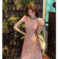 美静在这【棉 麻】刺绣粉色甜美连衣裙夏新茶歇收腰V领长裙XMZH7228