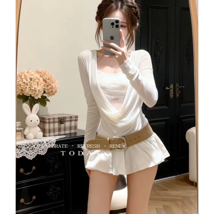 江浙沪千金穿搭纯欲性感小香风修身白色蕾丝拼接上衣半身裙套装女