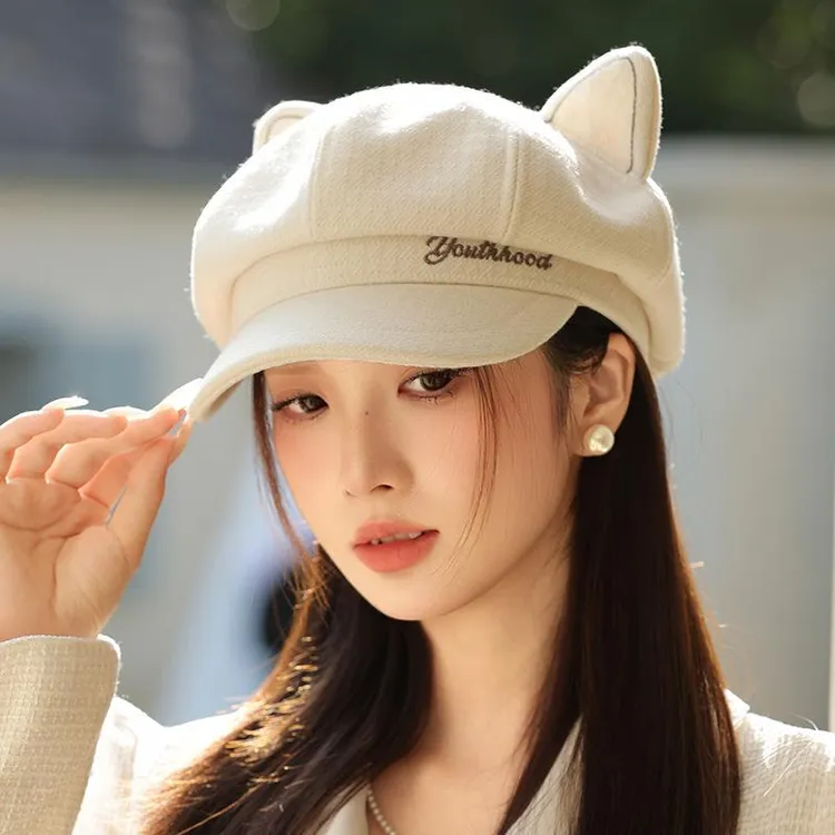 日系可爱猫耳朵八角帽子女秋季新款素颜百搭显脸小文艺画家帽潮