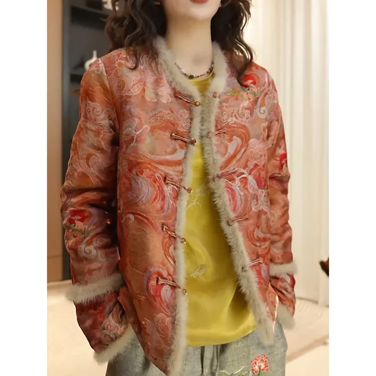 中式盘扣提花复古棉服外套2025冬季新款时尚洋气国风保暖棉袄棉衣