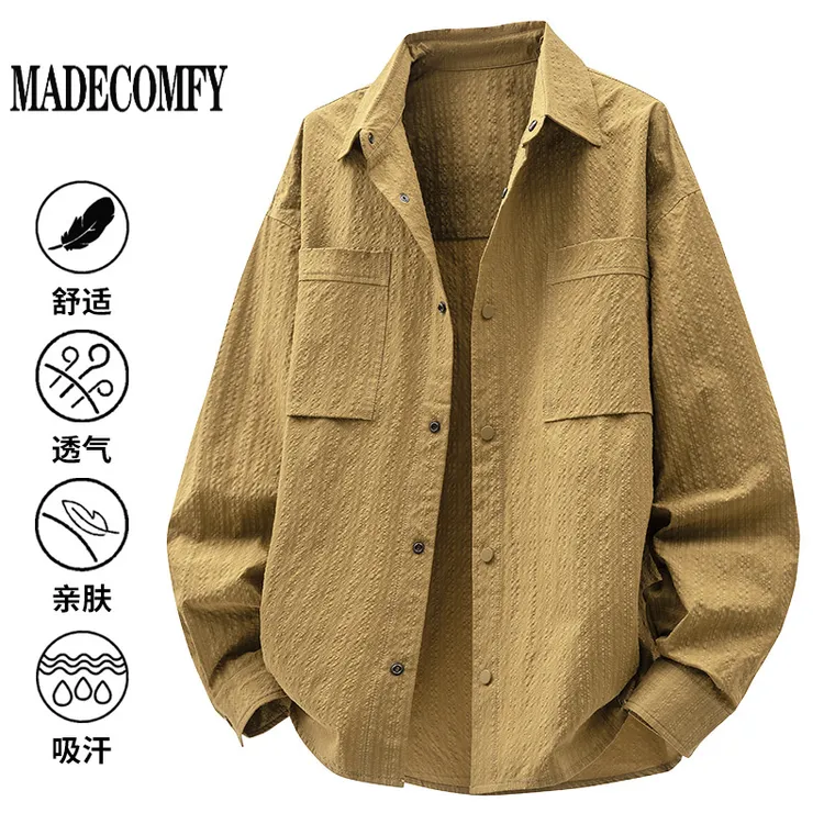 纯色简约长袖衬衫春季男士韩版潮流工装外套泡泡纱宽松休闲衬衣潮