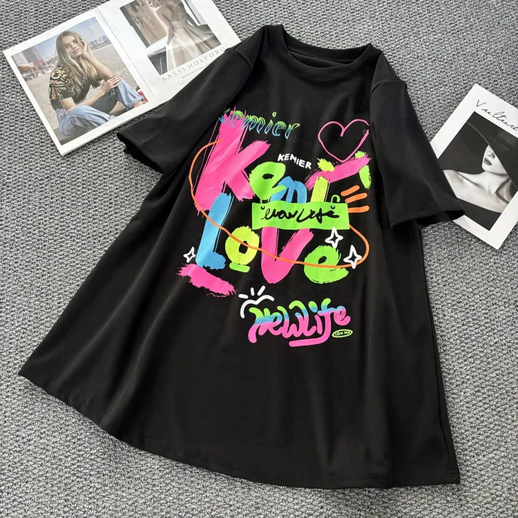 F423秋冬弹力磨毛德绒圆领A版彩色love印花宽松打底半袖