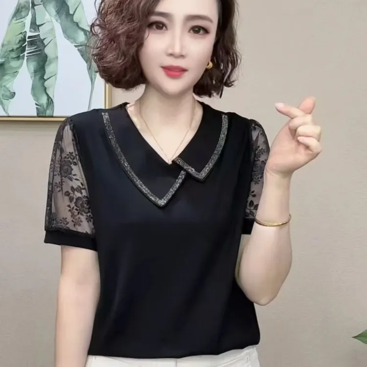 【韩紫朵 】2025新品V领烫钻蕾丝袖短袖上衣85877