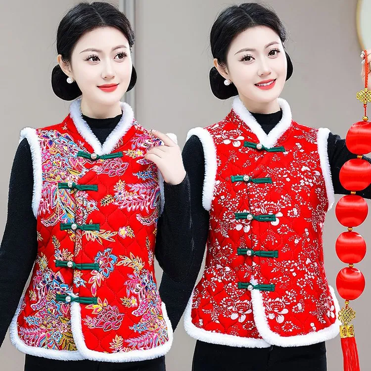 洋气东北大花马甲外套女士加绒加厚短款广场舞队服棉坎肩时尚棉衣